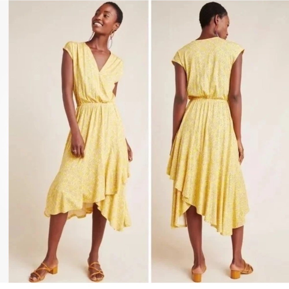 ANTHROPOLOGIE MAEVE WOMEN’s DRESS FETE YELLOW MIDI RUFFLE HEM JERSEY KNIT V-NECK